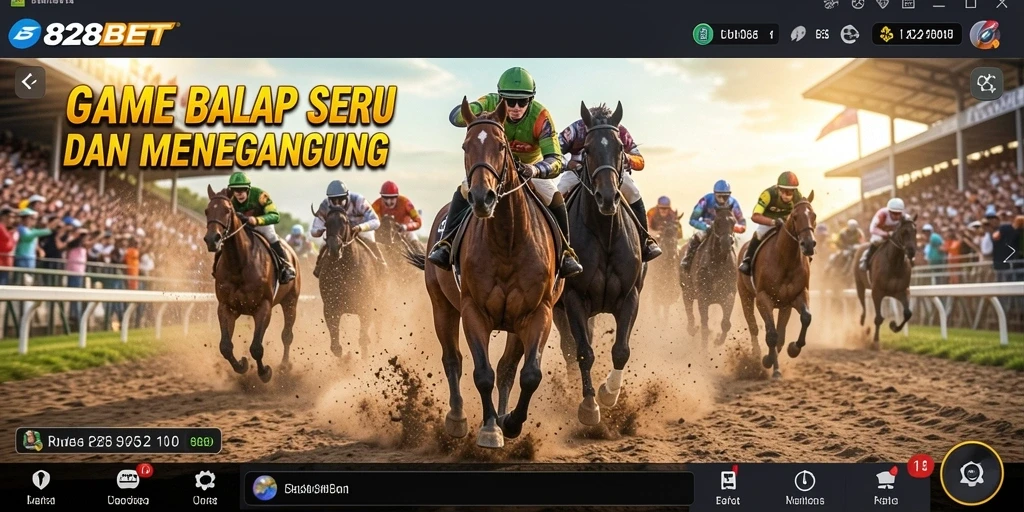 Screenshot utama 828BET menampilkan aksi balap seru di lintasan.