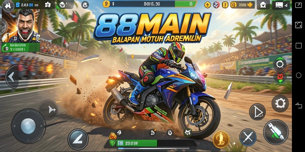 Screenshot gameplay 88MAIN dengan balapan motor yang mendebarkan.