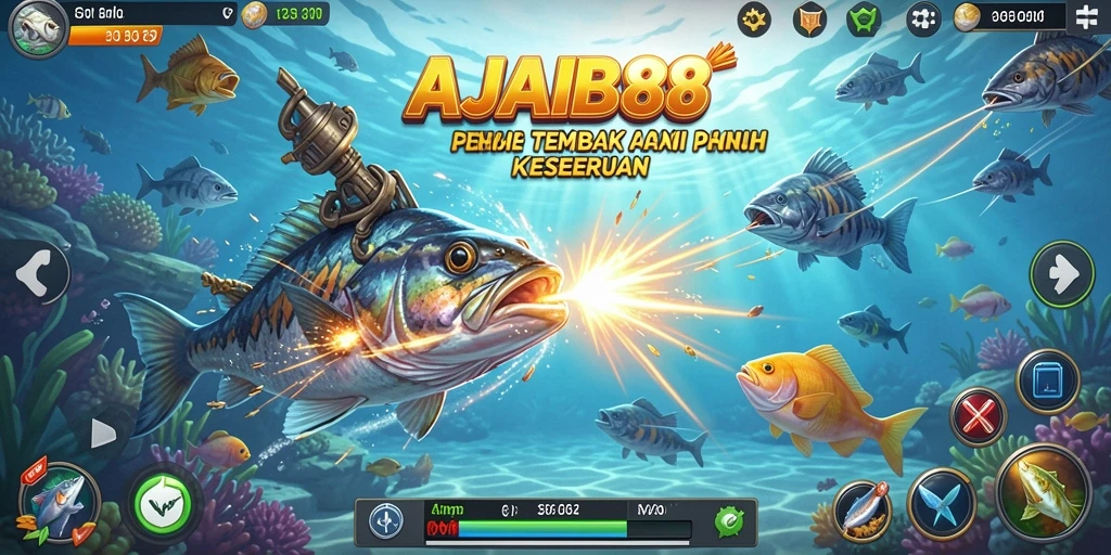 Screenshot utama AJAIB88 menampilkan aksi menembak ikan yang penuh warna.
