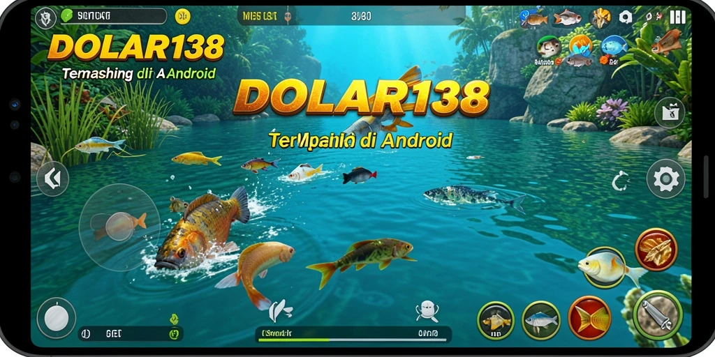 Screenshot gameplay <strong>DOLAR138</strong> menunjukkan pemain menangkap ikan dengan latar belakang alam yang indah.