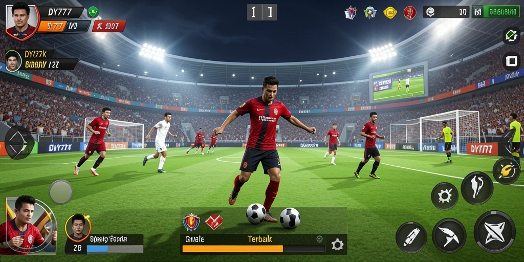Screenshot tampilan gameplay seru dari DY777, menunjukkan aksi di lapangan sepak bola.