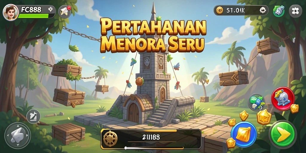 Screenshot gameplay FC888 menampilkan aksi pertahanan menara yang mendebarkan.