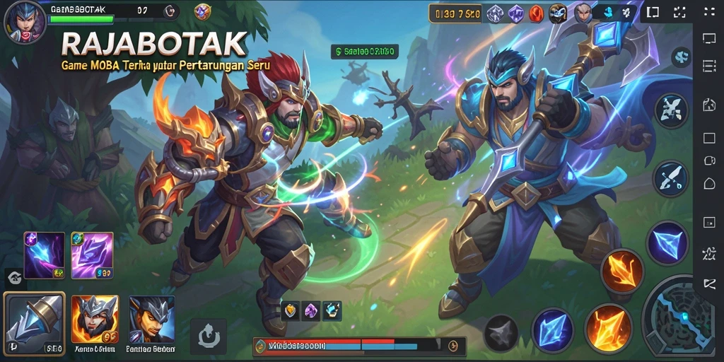 Screenshot utama RAJABOTAK menampilkan pertarungan seru di arena MOBA.