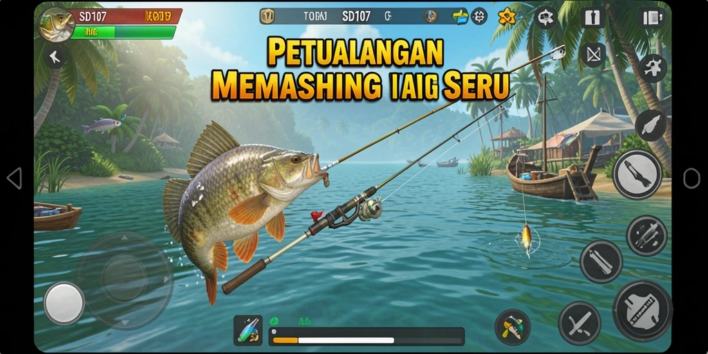 Gameplay SD107 yang menampilkan aksi seru memancing di alam bebas.